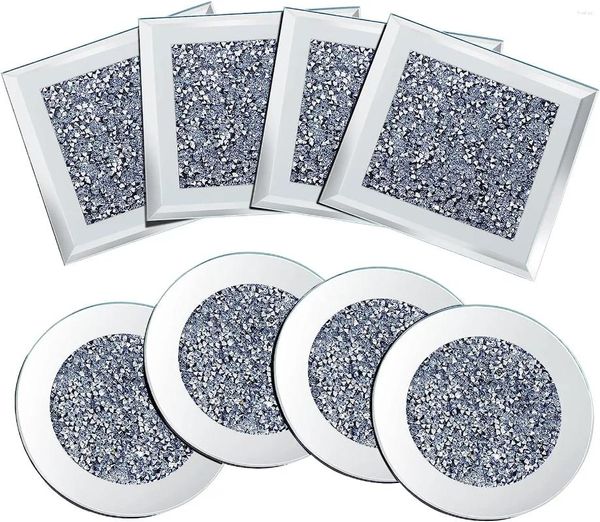 Tapetes de mesa 4 pedaços de cristal de vidro redondo diamante espelho quadrado prata luxuoso decoração premium