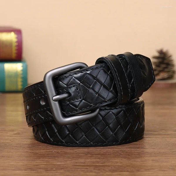 Gürtel 3,5 cm reines Cowhide Weave echtes Leder für Männer Jeans Pin Schnalle Cowboy Luxus Fashion Casual Designer Paar Gürtel