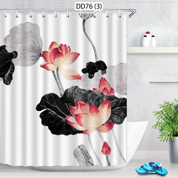 Tende per doccia foglie di fiore di loto set di tappetino da bagno con set di girasole per tende Black White