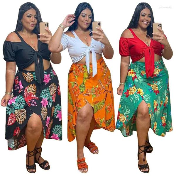 Arbeitskleider Bohemian Style Frauen sexy zweiteilige Sets mit Blumendruck Plus Size Lady V-Ausschnitt Schnürschnüre-Tops hohe Splitter-Röcke Outfits