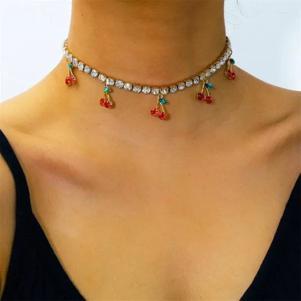 Anhänger Halsketten niedliche Kristall Kirsche für Frauen Mädchen Mode Frucht Charme Strass Choker Juwely Party Geschenke