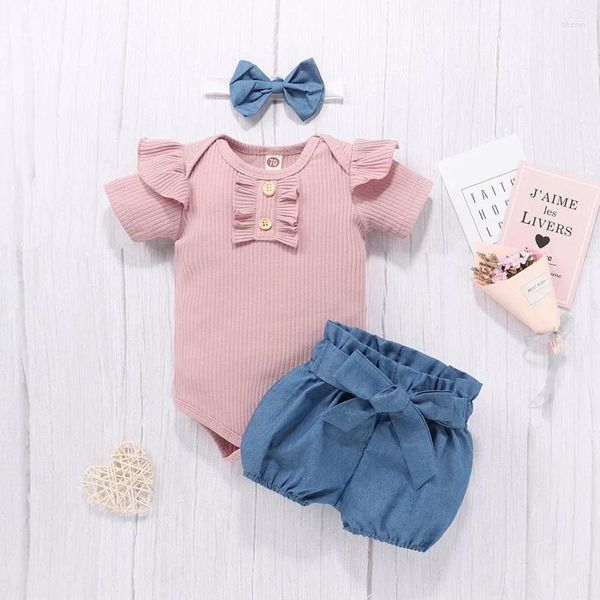 Kleidungssets Sommer Baby Girl Tops geborene Baumwoll -Jumpsuit Top Solid Color Shorts Headscarf Kleinkind Casual Set