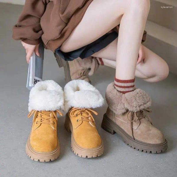 Stivali peluche da donna invernale pelliccia invernale da donna calda caviglia corta comoda tallone quadrato casual fluffy