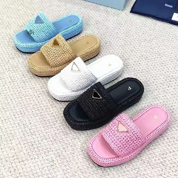 Sandale Flip Flops Crochet Platform Slip на сандалиях треугольник пляж Таз Таз Сайз Дизайнер Дизайнер Обувь Мул Слайдеры Женщины плоские соломы черные белые туфли мужчина слайд c 6f