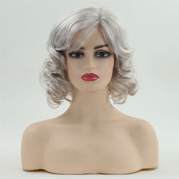 Europa e America Human Hair Wig for Women Silver White Glam Curl Wave Espanhol Grace Wave curto perucas de cabelo encaracolado DHL grátis