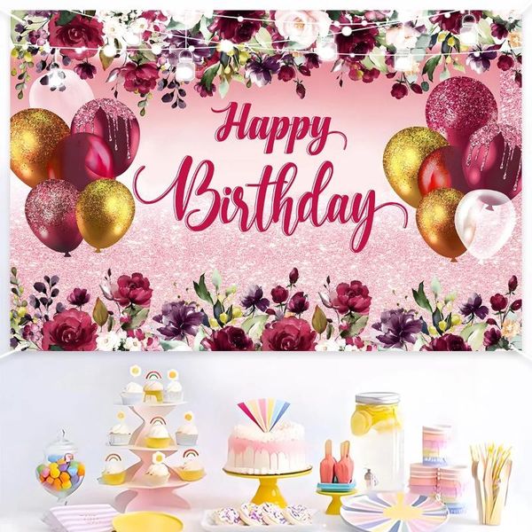 Украшение вечеринки розово -розовое с днем рождения фон золотой воздушный шар. Цветы декор Семейный портрет пографии на фоне