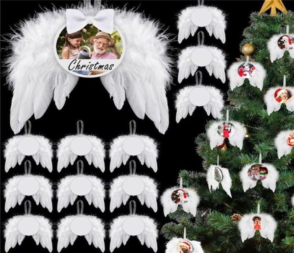 UPS HEAT Transfer Engel Wings Ornament Weihnachtsdekoration Federn Anhänger Runde Aluminiumblatt DIY Weihnachtsbaum Hanging Tag3095688