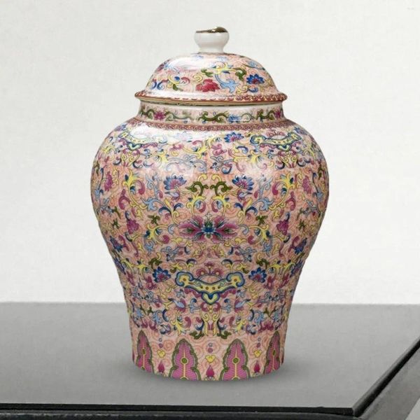 Garrafas de armazenamento porcelana gengibre jar vaso de flor rosa chinês gato de chá de cerâmica templo de lata