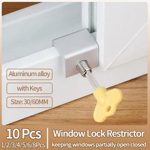 Restritor de bloqueio da janela da porta de 1-10pcs com a tecla Garage Door Frame Bloqueio de segurança ajustável multifuncional para o escritório 240510