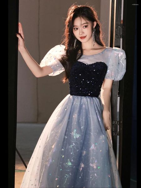 Vestidos de festa Blue Glitter Princess Dress Women Women manga de manga soprada Slim Long Evening Banquet Ball vestido de bola garotas quinceanera