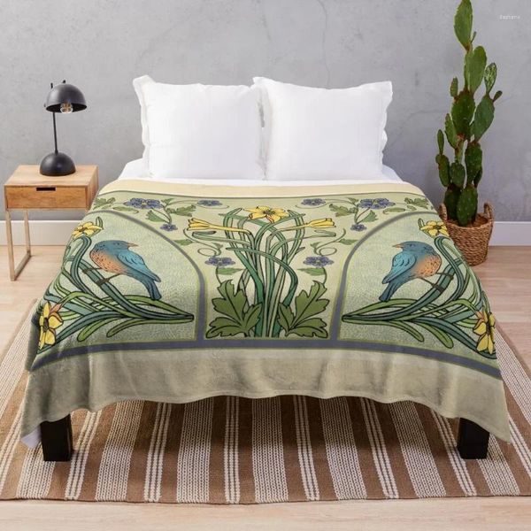 Cobertores Bluebirds e Spring Blossoms Inspirados por Art Nouveau Throw Blaning Kid's Tap for Sofás decorativo