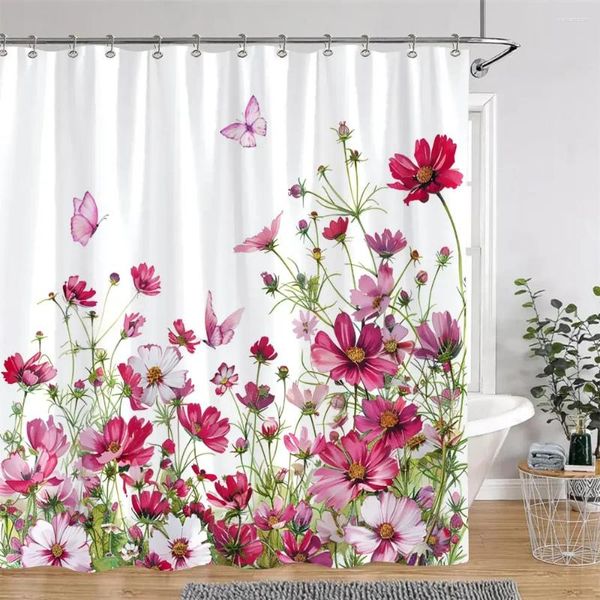 Duschvorhänge Aquarell florale Druckvorhang Wunderschönes rustikales Blume Polyester Stoff Badezimmer Dekor mit Haken