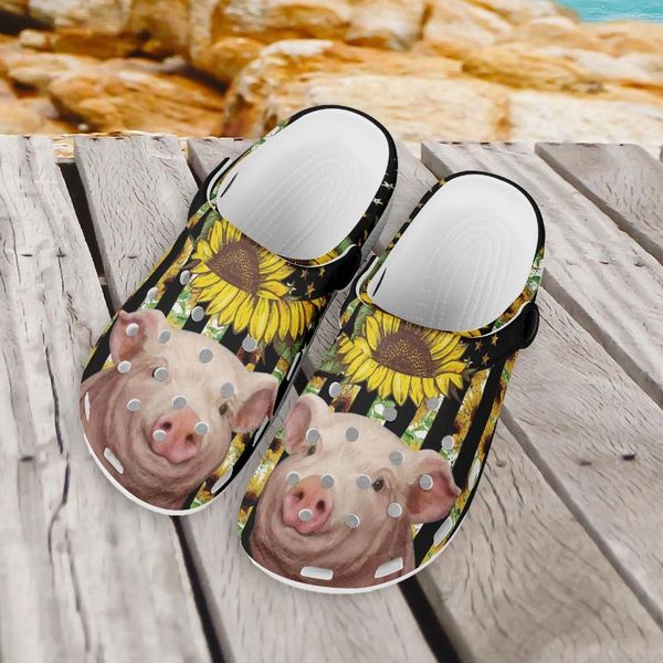 Slippers elviswords porco fofo com girassol Sapatos de girassol respirável Flats para mulheres Design de bandeira Sandálias não deslizantes