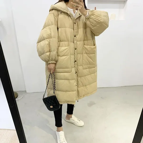 Frauen in Down 2024 Loose Jacket Laterne Umhang mit Kapuzehülsen warme lange Parkas 90% weißer Ente weibliche Outwear Schnee