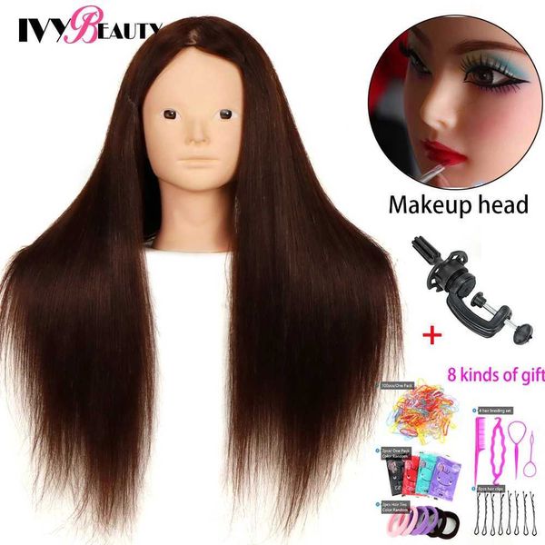 Mannequin Heads Human Body Model Training Head com suporte misto de 85% cabelos reais usados para prática de maquiagem Cosméticos bonecas de boneca q240510