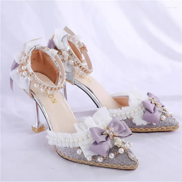 Sandálias saltos altos 8 cm de luxo doce mulheres lolita sapatos de casamento diamante renda tea -tea festa cos cos Slingbacks