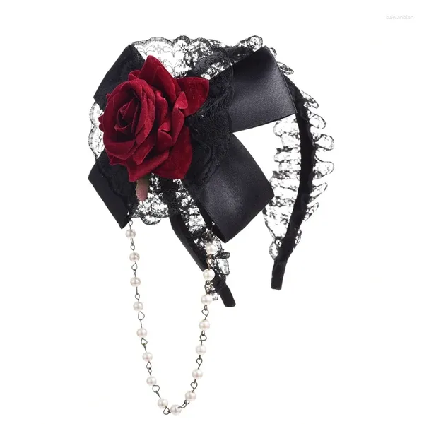 Вечеринка посадка лолита роза волос с цветочными женщинами кружевные шнурки с бисером сети аксессуары для волос винтажный гот для повязки на голову