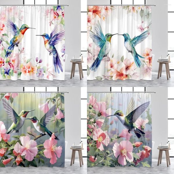 Cortinas de chuveiro aquarela floral beija -flor Fazenda de cortina
