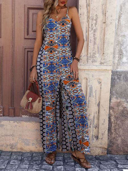 Sommer modisch gedruckter Bohemian -Schlinge BH BH Open Rücken Jumpsuit Wide Legs Ethnic Style Freizeit Urlaub 240423