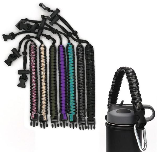 Manuseração artesanal Paracord Caixa de tira de sobrevivência do portador com anel de segurança e carabiner para garrafas de água esportiva de boca larga 12 oz 64 O3526809