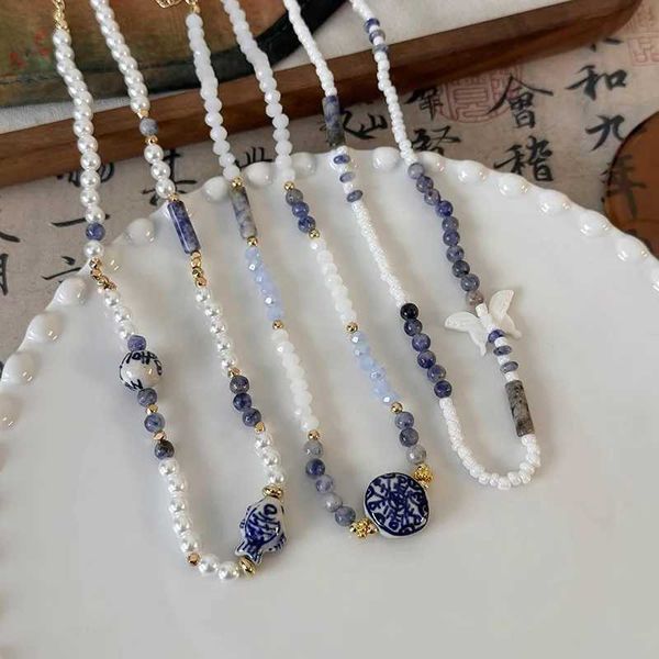 Colares pendentes minar estilo chinês estilo azul e branco porcelana cerâmica flor de moeda de moedas de peixe com fios de borboleta com miçangas colares para mulheres