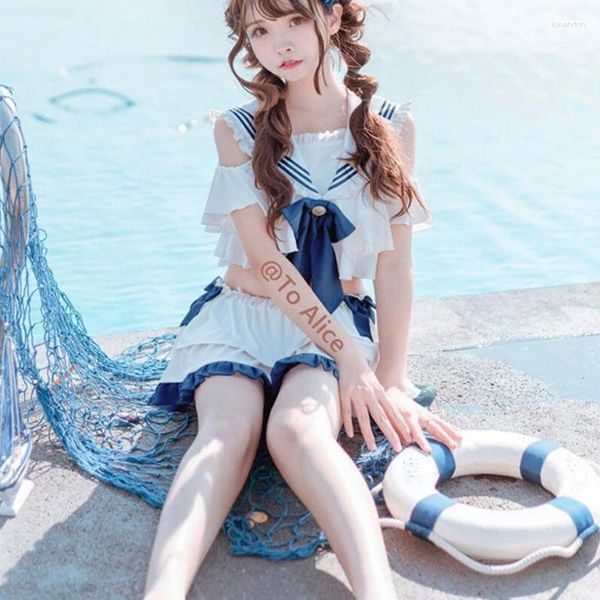 Frauen Badebekleidung süße Lolita Off Schulter Navy Sailor Badeanzug JK School Girl Rüsche zweiteilige Swinwear Cosplay Sukumizu Beach Badeanzug