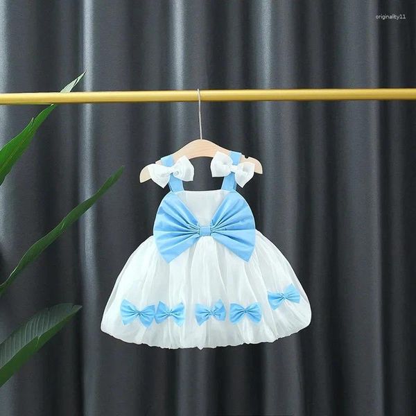 Mädchenkleider Mädchen Sommer Kinderkleid Baby Western Stil Hangsgurt Bogen kleine duftende Windprinzessin flauschige Garn