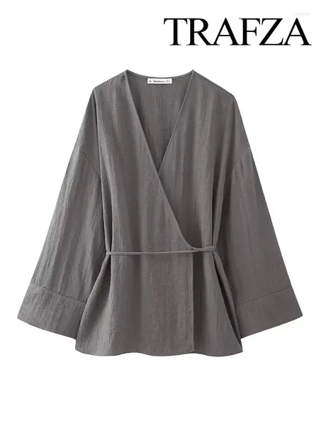 Camicette da donna trafza donne eleganti grigio kimono camicia sciolta