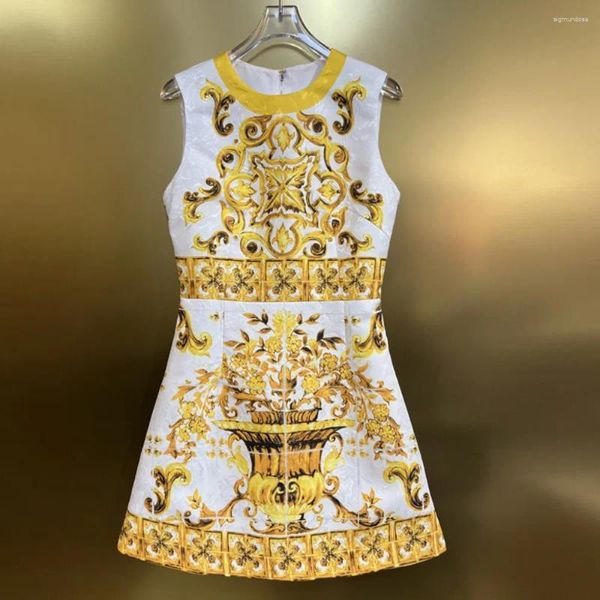 Abiti casual Donne in porcellana giallo vintage Sleeveless Jacquard Mini 2024 Abito da carro armato Summer Spring Summer