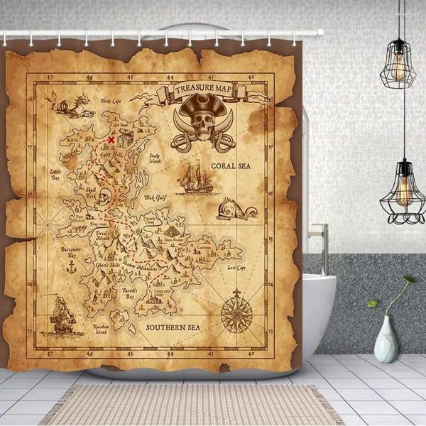 Cortinas de chuveiro ilha ilha vintage mapa antigo mapa pirata navio cortina de banho
