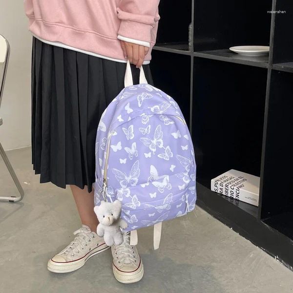 Borse per la scuola Pattern farfalla in stile coreano UNIVERSITÀ Studente Backpack Nylon Borse con bambola Pendente Travel di breve distanza