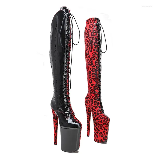 Stivali Leecabe 23cm/9 pollici di brevetto nero con leopardo rosso lady ad alta piattaforma di tallone pole danza ginocchio 5b 5b