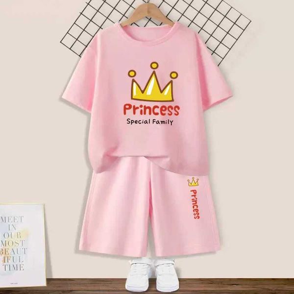 Set di abbigliamento 2 pezzi/set corona principessa baby estate abbigliamento carino per bambini tracce e abbigliamento da campo t-shirt da ragazza a maniche corte+set a maniche corte 3-14tl2405