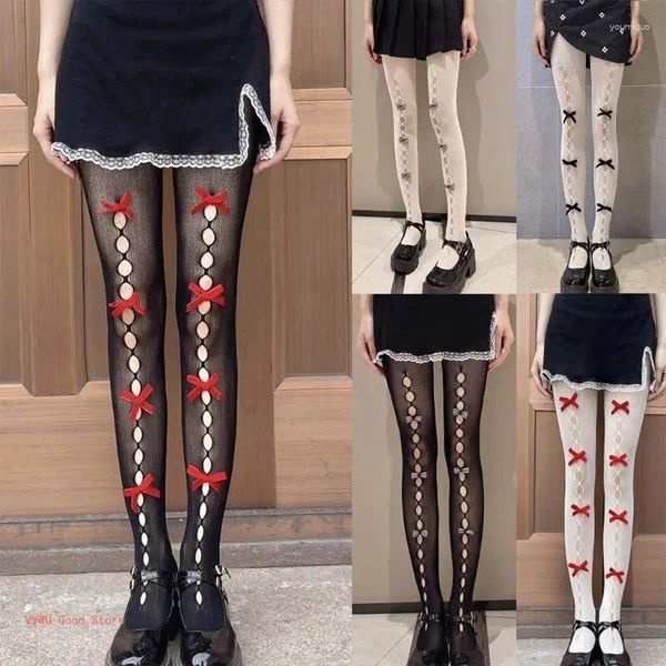 Kadınlar SOCKS Japon Fishnet taytlar oyuk Out Delik Bowknot Jacquard Çoraplar Mesh Cosplay Külotlu çorap