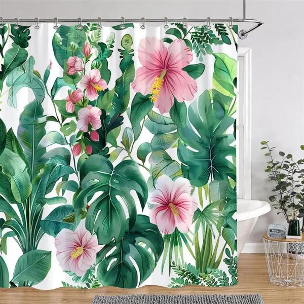 Cortinas de chuveiro plantas tropicais cortina floral palmeira verde folhas rosa Flores de poliéster Decoração de banheiro com ganchos