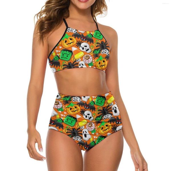 Costumi da bagno da donna Halloween in bikini spettrale costume da nuoto carino zucca ad alta vita Donne sexy bikini classico set di push up biquini