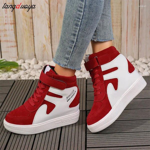 Scarpe casual sneaker rosse donne 2024 pizzo alto vulcanizzare il fondo spesso aumento interno cuneo 35-42