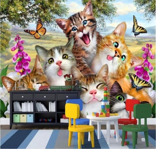 3d Quarto Papel de parede PO PO MUNAL NÃO TERRO DE ARIGADO Um grupo de gatos de grama de desenho animado pintura de imagens de parede 3d de parede para paredes 31049111