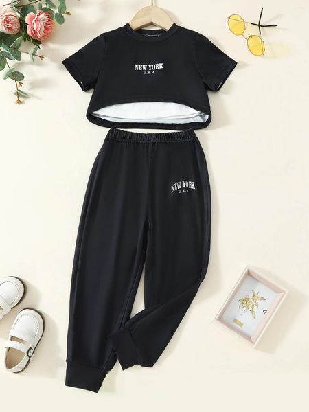 Home Clothing Kleinkind Kid Girls 3pcs Comfy Loungewear Solid Color Letter Print T-Shirt Spaghetti Gurt Camisole Matching Long Hosen