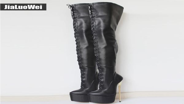 Black New 22cm Ultra High Heels Laceup Platform Gold Metal Stiletto Tacco puntato sul punta delle donne ginocchio con stivali alti mandanti Dancin2247060