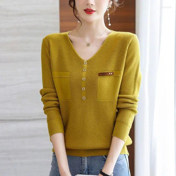 Kadın Sweaters Sonbahar Düğmesi Patchwork Düğme Kakilleri V Boyun Uzun Kollu Düz Renk İnce Zarif Moda Kadın Giyim S-2XL
