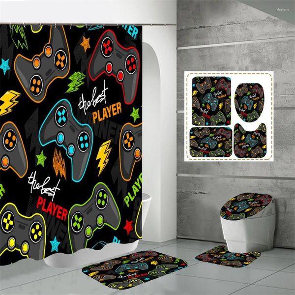 Duschvorhänge Gaming-Vorhang Set mit rutschfesten Teppich Toilettendeckel Deckungsbadematte Video Gamepad wasserdichte Haken Badezimmer
