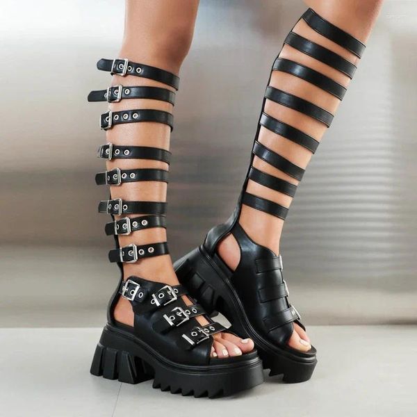 Sandálias punk joelho gótico High Gladiator Sapatos femininos zíper estilo rock oco Plata