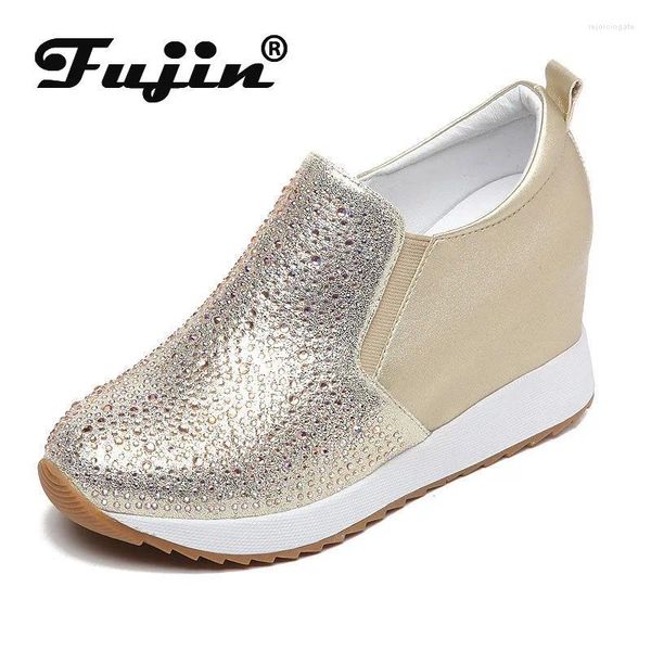 Kleiderschuhe Fujin 7cm echtes Leder Synthetischer Plattform Keil Strass -Strass -Bling -Spitze versteckte Heels Knöchel Frühling Herbst Frauen Booties