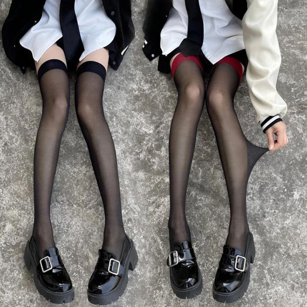 Frauen Socken Damen jk dünne Spitzenstrümpfe sexy Soild Schwarze Haut Oberschenkel hohe lange Mädchen Lolita süße rote Kante Knie halb Strumpf