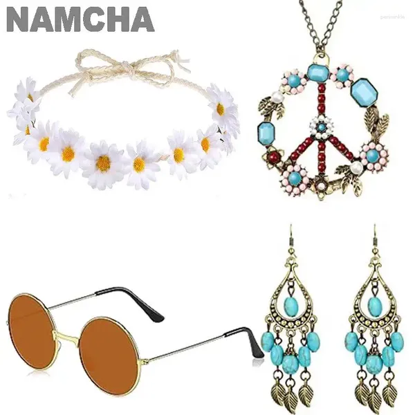 Supplência de festa 4 PCs Conjunto de acessórios de fantasia hippie Conjunto de colar de sinal de paz Anti-guerra Brincos de colar dos óculos de sol Sunflower Band da cabeça dos anos 60s 70s