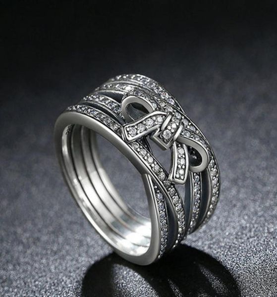Großhandel- Real 925 Silver Bow Ring Set Original Box für CZ Diamond Women Engagement Rings Mode Accessoires2917480
