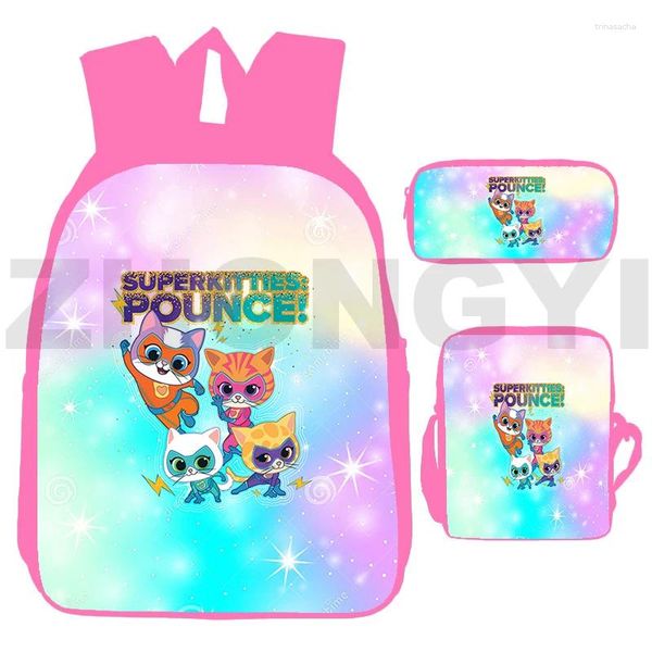 Backpack Fashion 3D Superkitties 3 PCs/Conjunto Kawaii Pink Girls Bookbag 12/16 polegadas Laptop College College Daily Cartoon School Sachors