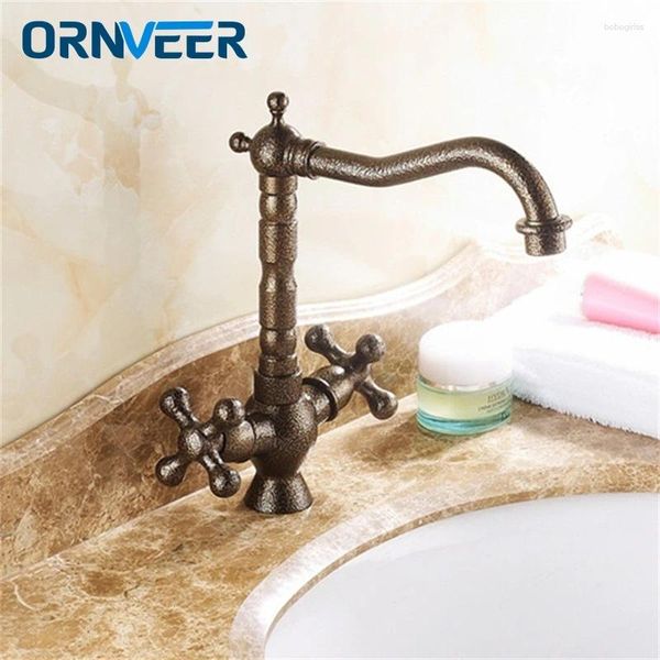 Banyo lavabo muslukları lüks Avrupa antika bronz çift tekerlek saplı karışıcı uzun ağız döner Roma havzası musluğu rb-011