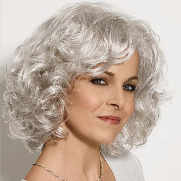 Europa e America Human Hair Wig for Women Silver White Glam Curl Wave Spanish Grace Wave Short Curly Hair Wigs